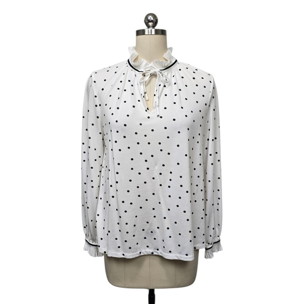 Boden Polka Dot Ruffle High Neck Blouse White Black US‎ Size 10 Long Sleeve